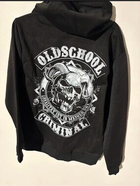 Black Hoodie with White "Oldschool Criminal" Skull Graphic